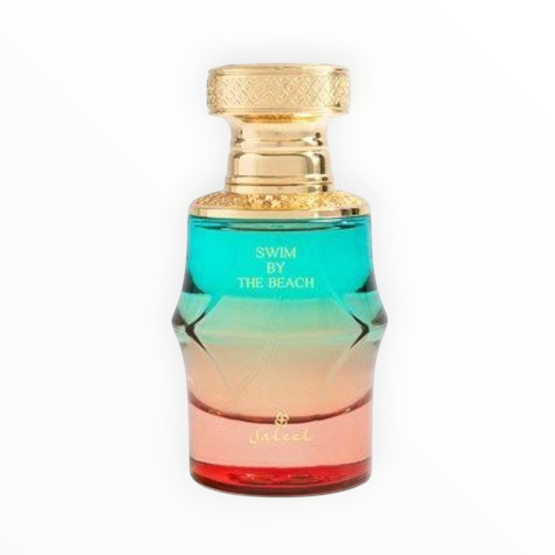 Rimaal Saleel Swim By The Beach Parfum mit türkisfarbenem bis korallenrotem Farbverlauf und goldener Verschlusskappe#