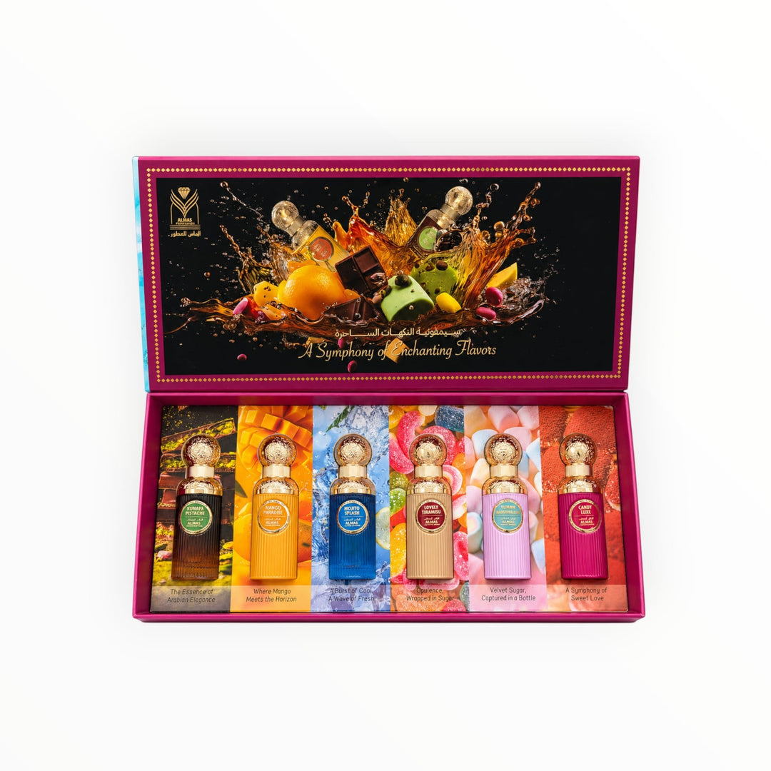 Rimaal ALMAS Sweet Edition Parfüm-Geschenkset mit sechs bunten 30ml-Flakons in einer eleganten, illustrierten Box.
