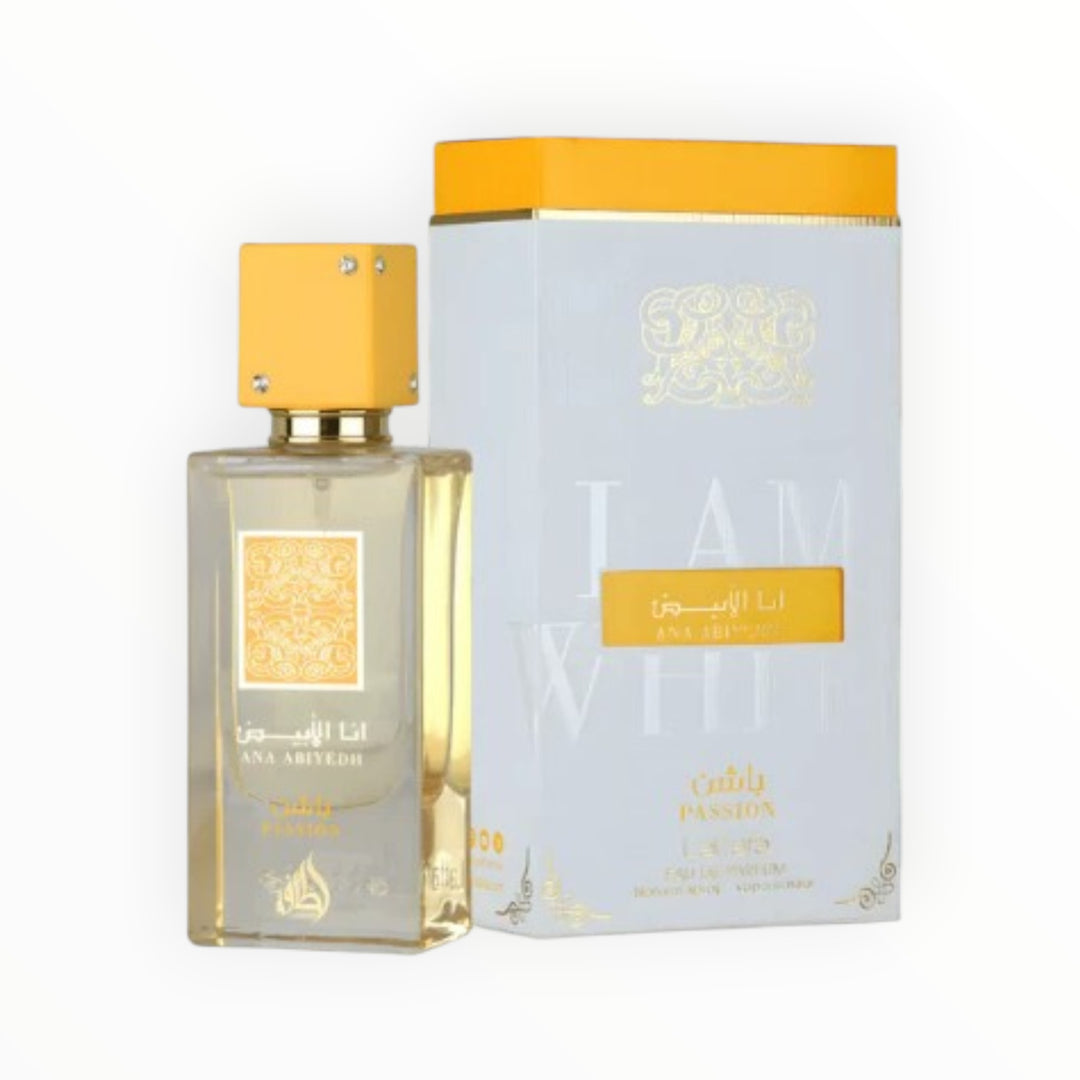 Rimaal Ana Abiyedh Passion Eau de Parfum 100ml mit goldener Kappe und eleganter weißer Verpackung