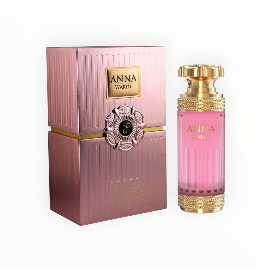 Rimaal Ana Wardi Eau de Parfum in einem eleganten rosa Flakon mit goldenen Verzierungen und passender Geschenkbox.