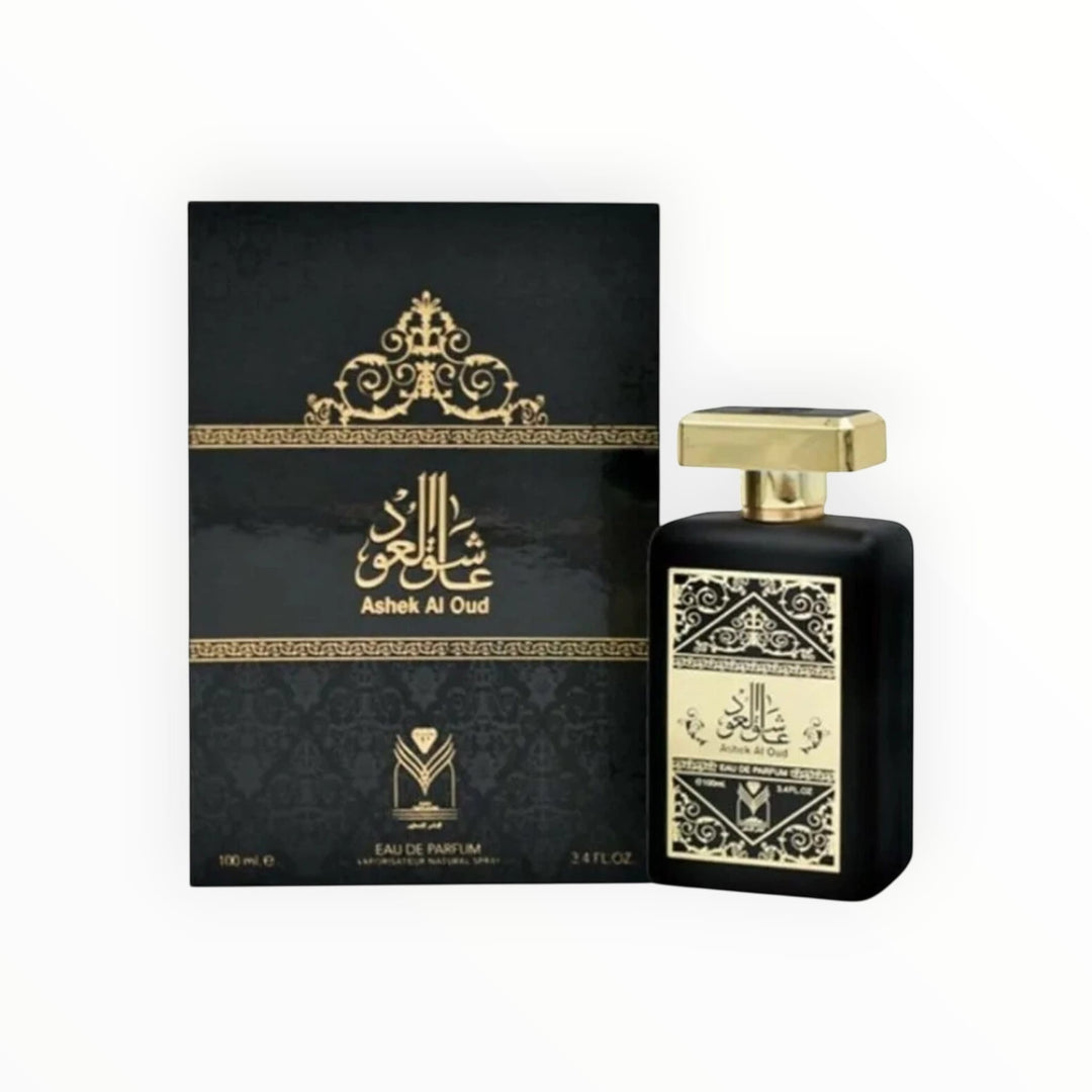 Rimaal Ashek Al Oud Eau de Parfum in schwarzem Flakon mit goldenen Verzierungen und passender Geschenkverpackung