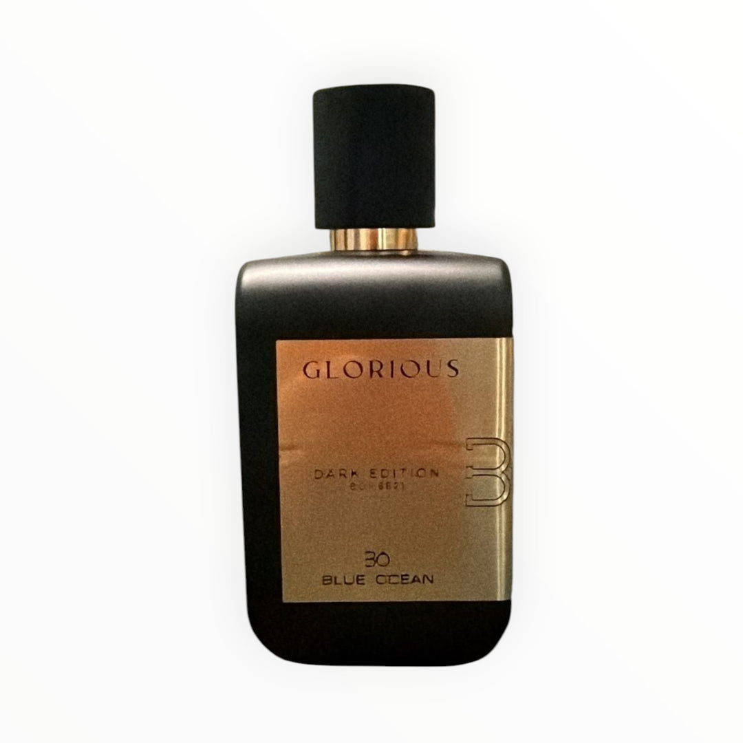 Rimaal Blue Ocean Glorious Eau de Parfum 100ml in einem eleganten, mattschwarzen Flakon mit goldenem Etikett.