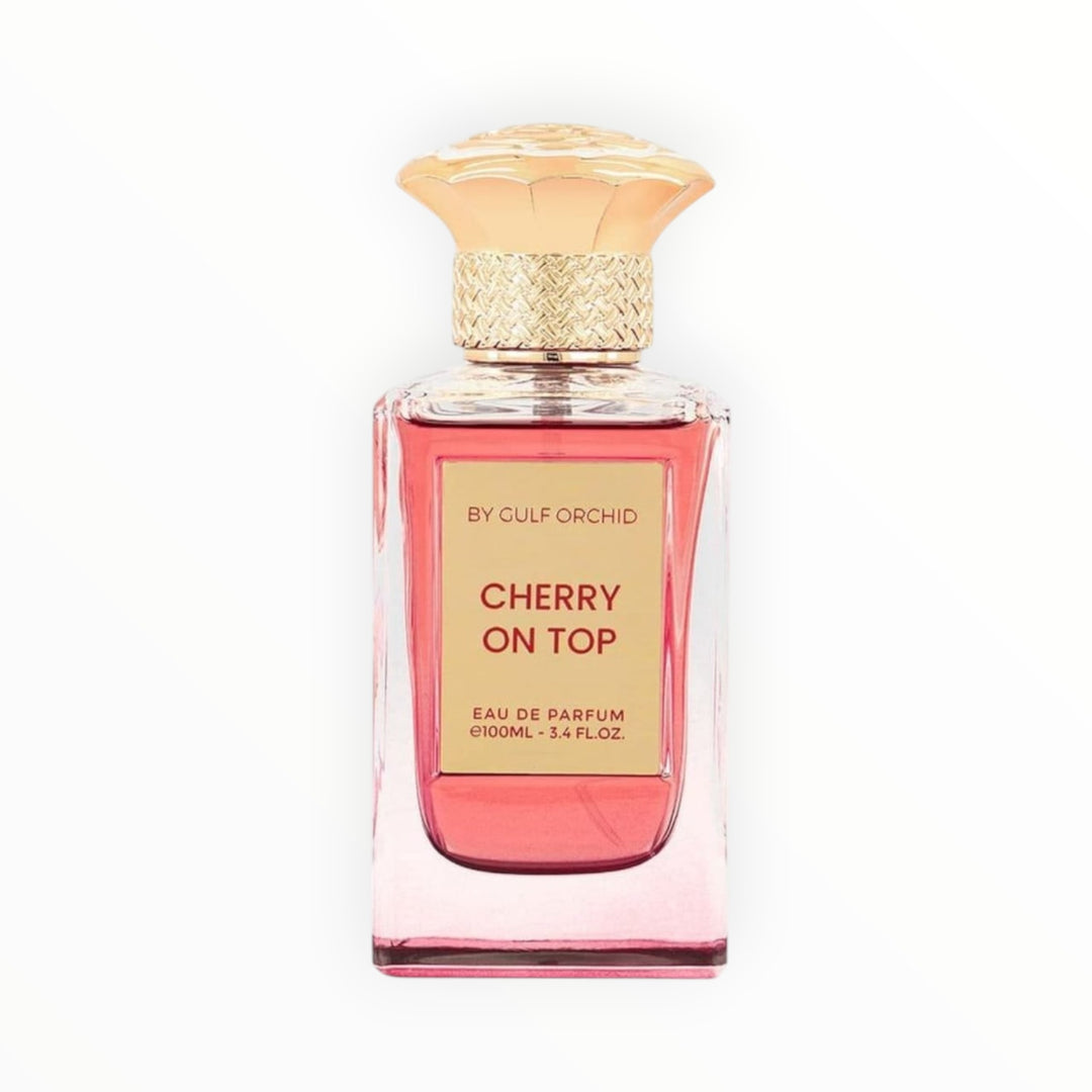 Rimaal CHERRY ON TOP Eau de Parfum 100ml in einem eleganten Glasflakon mit goldenem Verschluss und rosa Duft.
