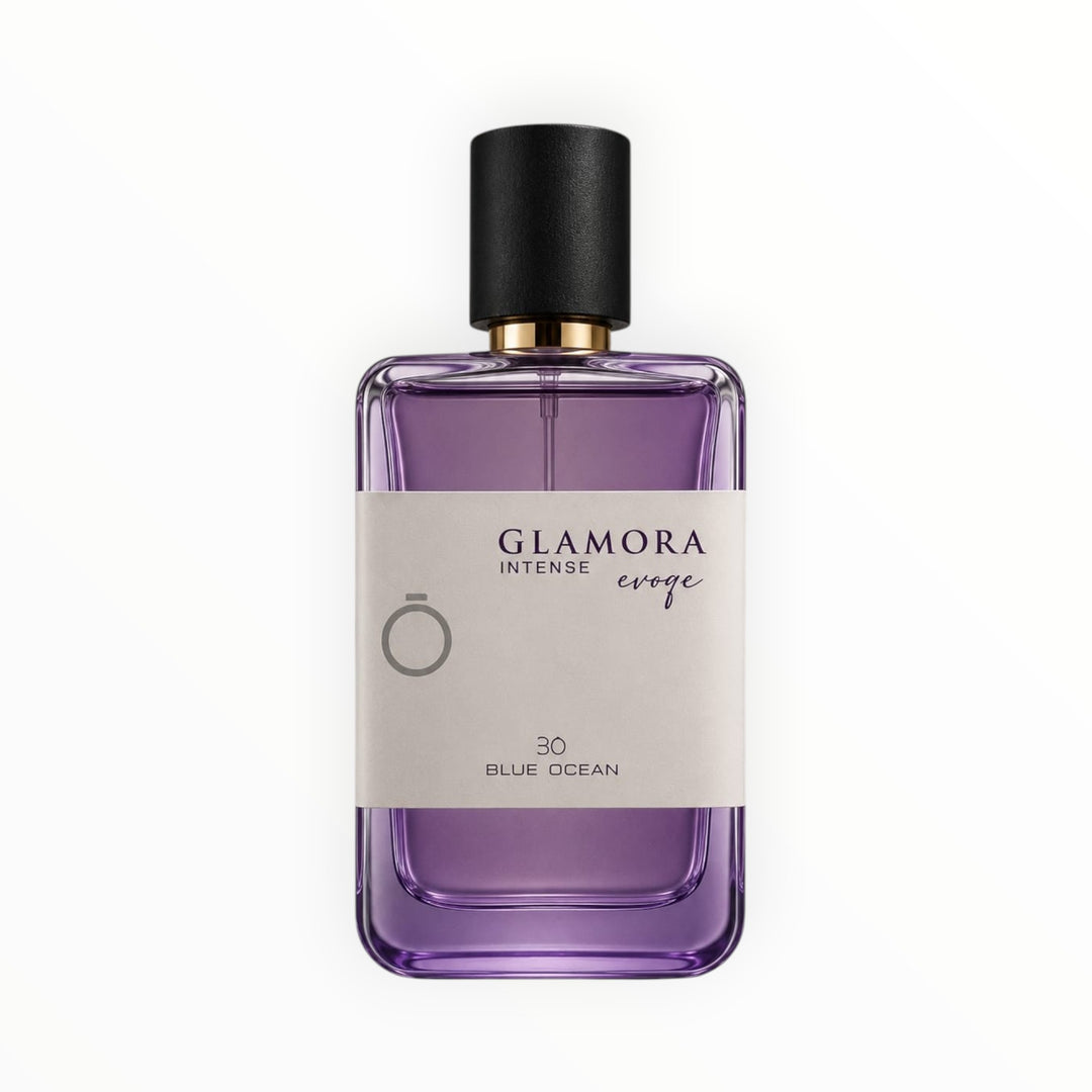 Rimaal Glamora Intense Evoge Blue Ocean Eau de Parfum in einem violetten Glasflakon mit schwarzem Verschluss