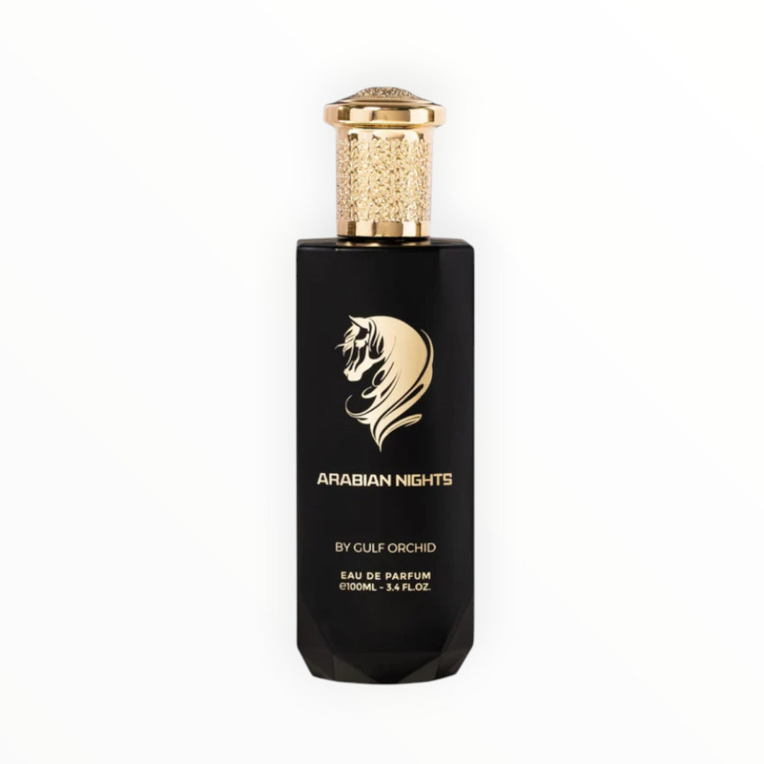 Rimaal Gulf Orchid Arabian Nights Eau de Parfum 100ml in einer eleganten schwarzen Flasche mit goldenem Pferdelogo.
