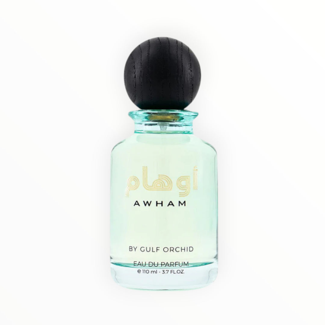 Rimaal Gulf Orchid Awham Eau de Parfum 100ml in einem eleganten Glasflakon mit schwarzem, rundem Holzverschluss.