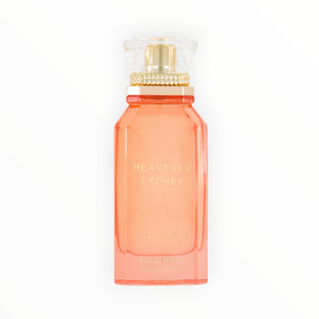 Rimaal Gulf Orchid Heavenly Lychee Eau de Parfum 100ml in einem eleganten, korallenfarbenen Glasflakon.
