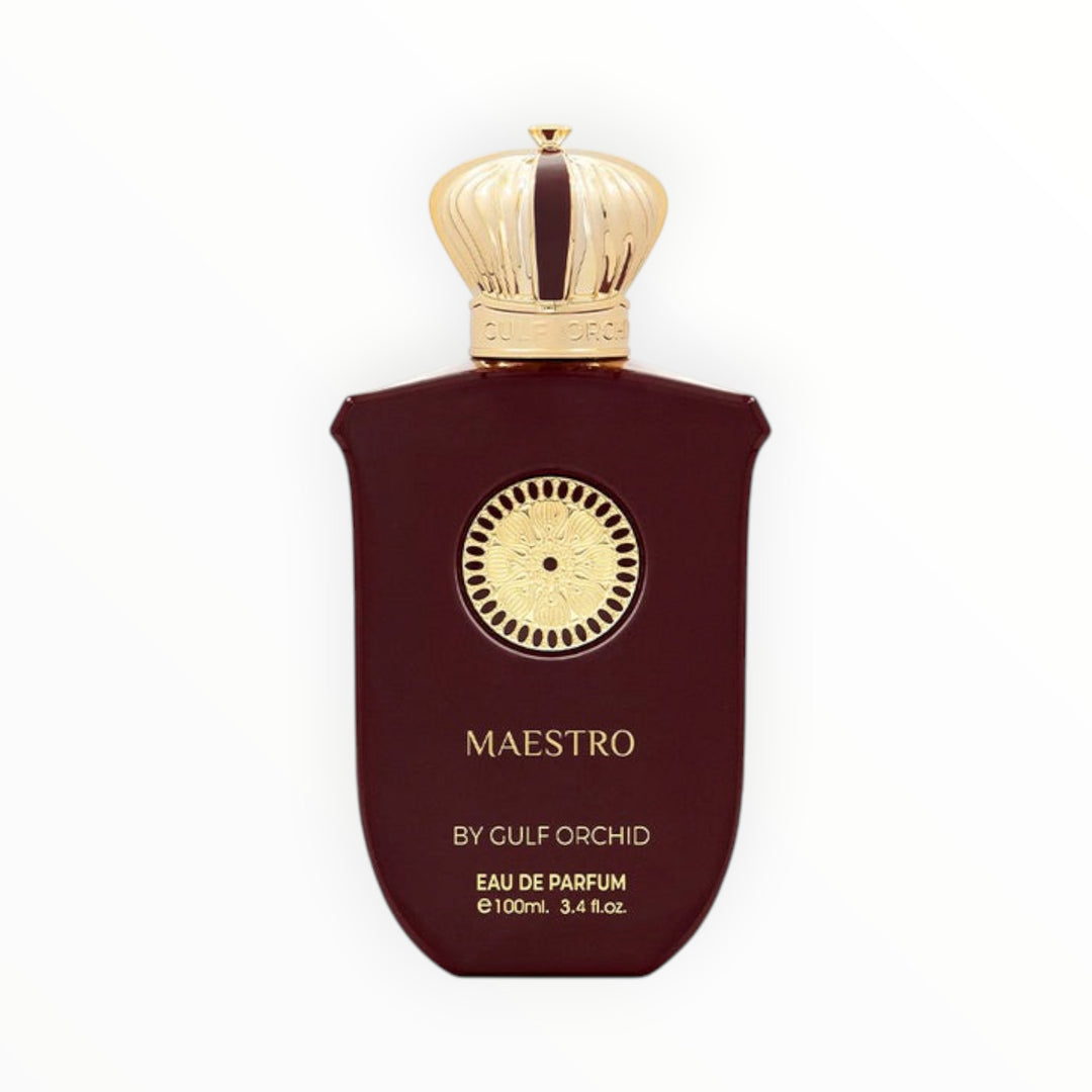 Rimaal Gulf Orchid Maestro Eau de Parfum in einem eleganten dunkelroten Flakon mit goldenem Kronenverschluss