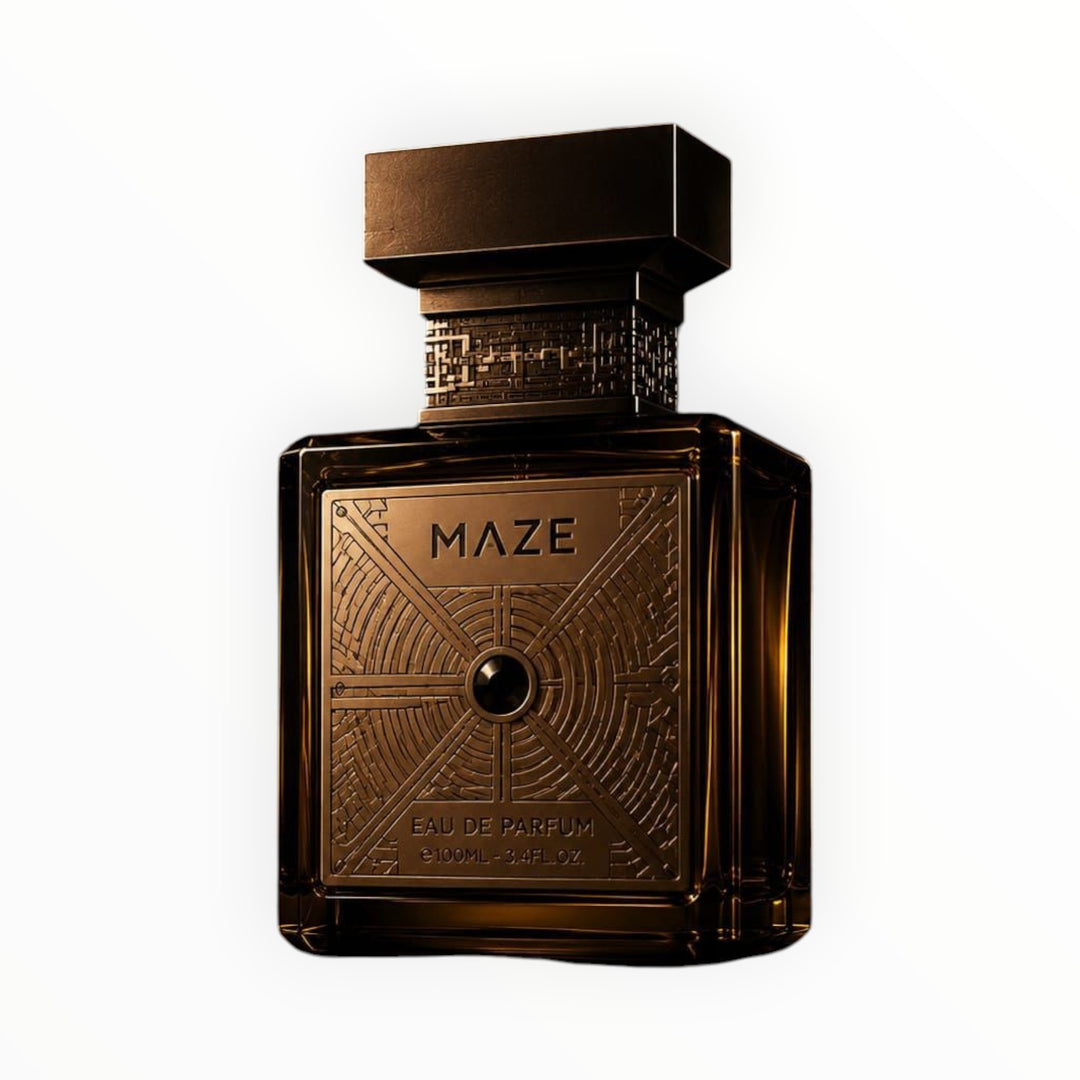 Rimaal Gulf Orchid Maze Eau de Parfum in einem quadratischen, dunkelbraunen Glasflakon mit kunstvollem Labyrinth-Relief.