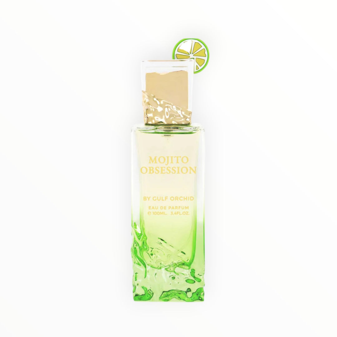 Rimaal Gulf Orchid Mojito Obsession Eau de Parfum 100ml in grünem Glasflakon mit Limetten-Dekor und Gold-Akzenten