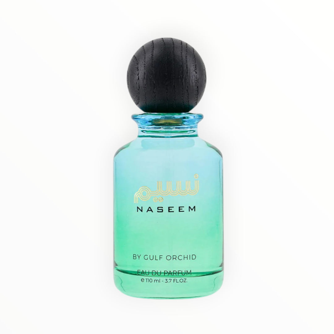 Rimaal Gulf Orchid Naseem Eau de Parfum in einem türkisfarbenen Glasflakon mit schwarzem Holzverschluss