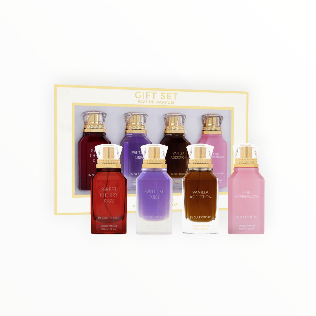 Rimaal Gulf Orchid Geschenkset mit vier 30 ml Eau de Parfum Flakons in verschiedenen Farben und Duftrichtungen