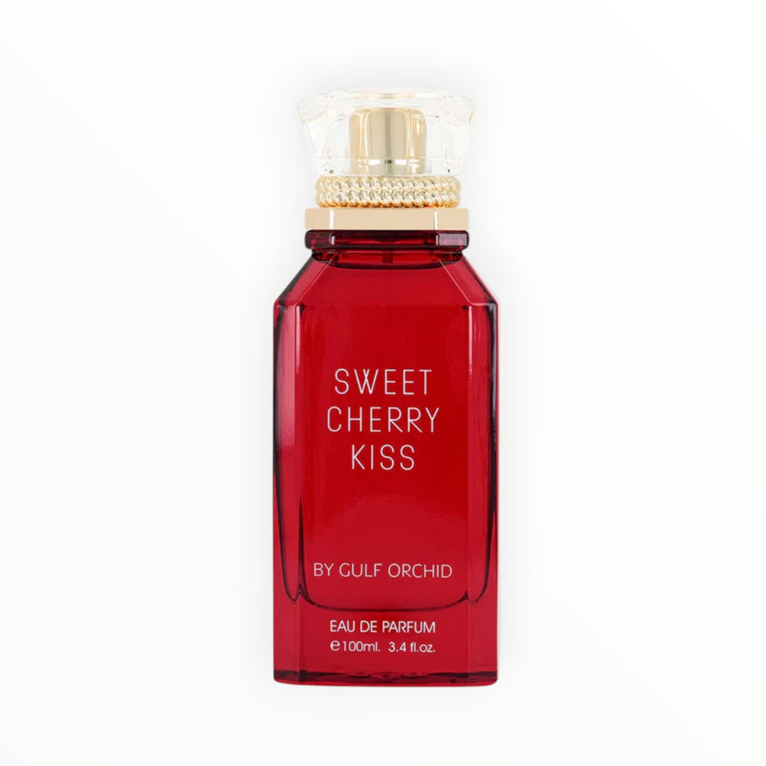 Rimaal Gulf Orchid Sweet Cherry Kiss Eau de Parfum in einem eleganten roten 100ml Glasflakon mit goldenem Verschluss.