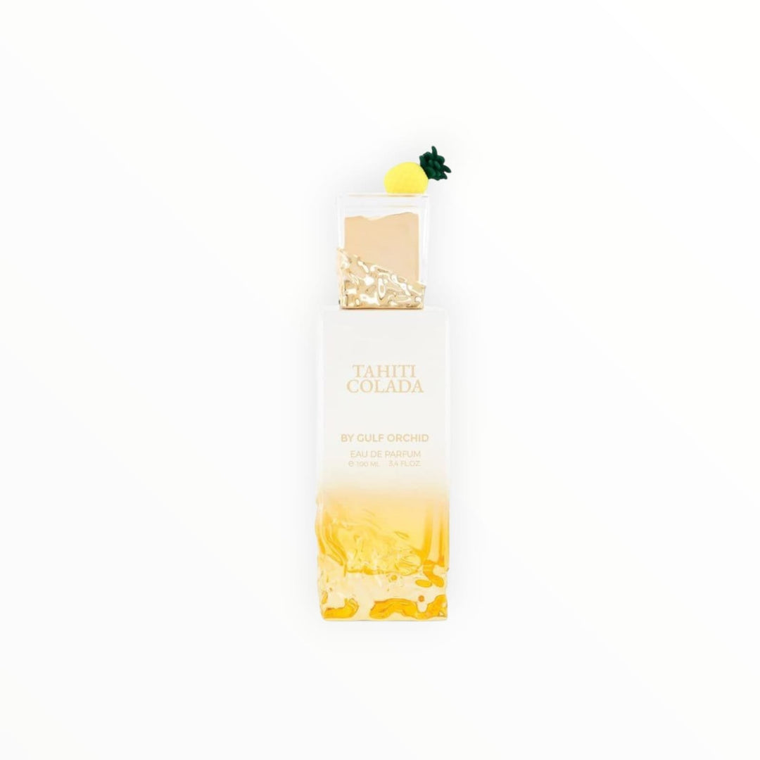 Rimaal Gulf Orchid Tahiti Colada Eau de Parfum 100ml mit gelbem Ananas-Design auf weißem Hintergrund