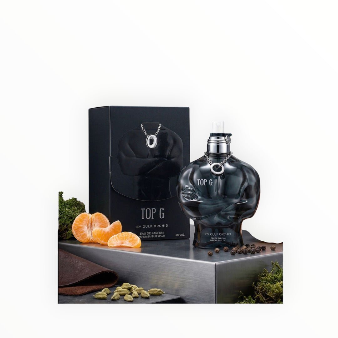 Rimaal Gulf Orchid Top G Eau de Parfum Flakon in Torso-Form mit schwarzer Verpackung, Mandarinen und Gewürzen.