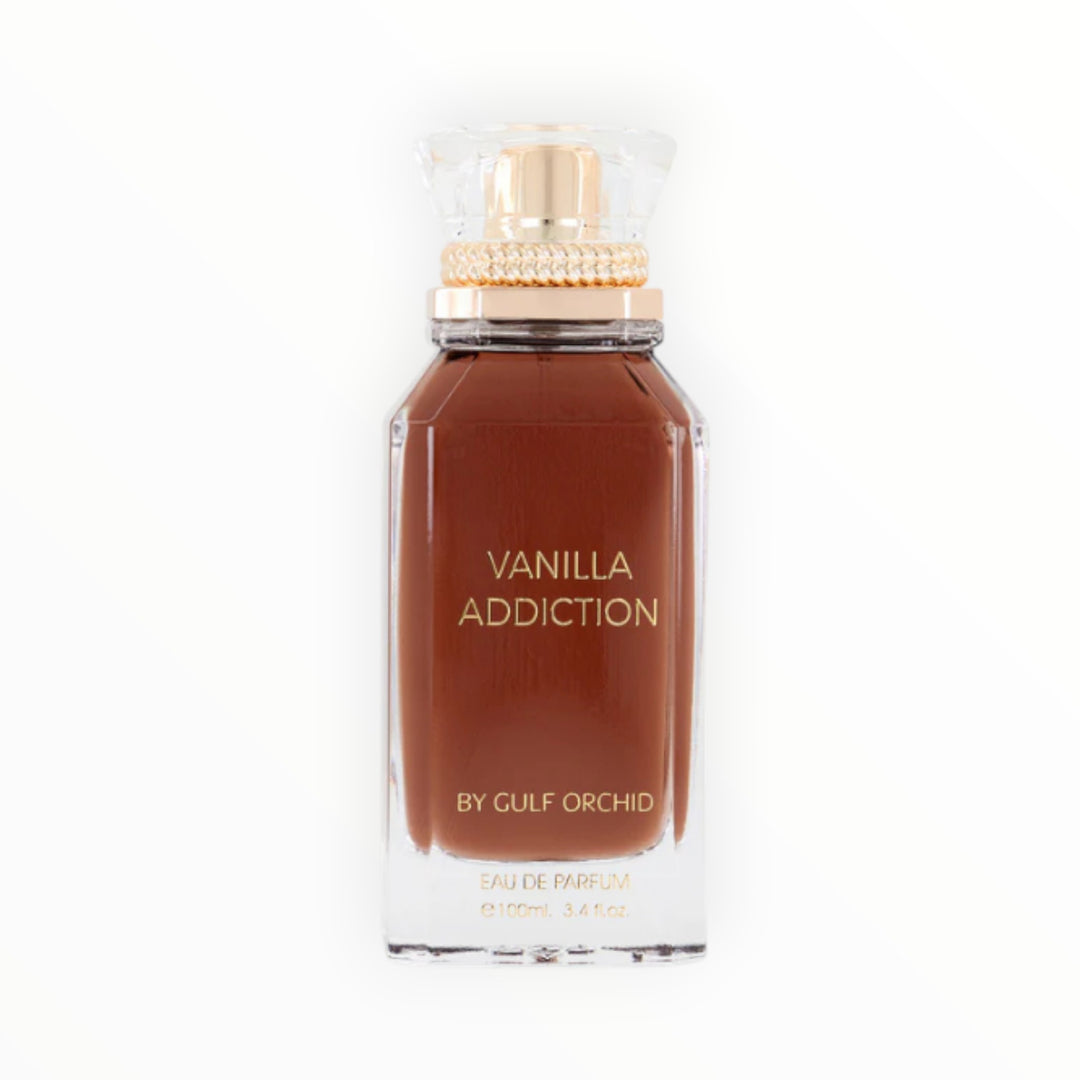 Rimaal Gulf Orchid Vanilla Addiction Eau de Parfum 100ml in einem eleganten braunen Glasflakon mit goldenem Verschluss