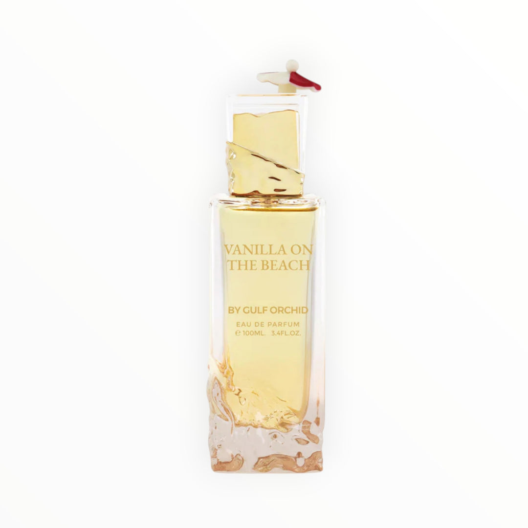 Rimaal Gulf Orchid Vanilla on the Beach Parfum mit goldenem Duft in einem künstlerischen Flakon mit Wellen-Design.