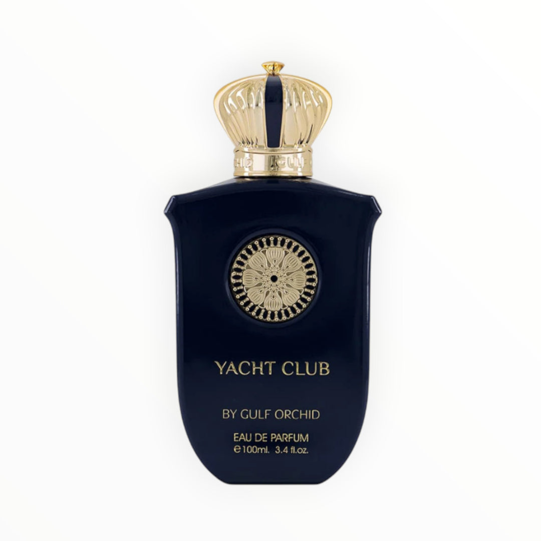 Rimaal Gulf Orchid Yacht Club Eau de Parfum 100ml in einem dunkelblauen Flakon mit goldenem kronenförmigen Verschluss.