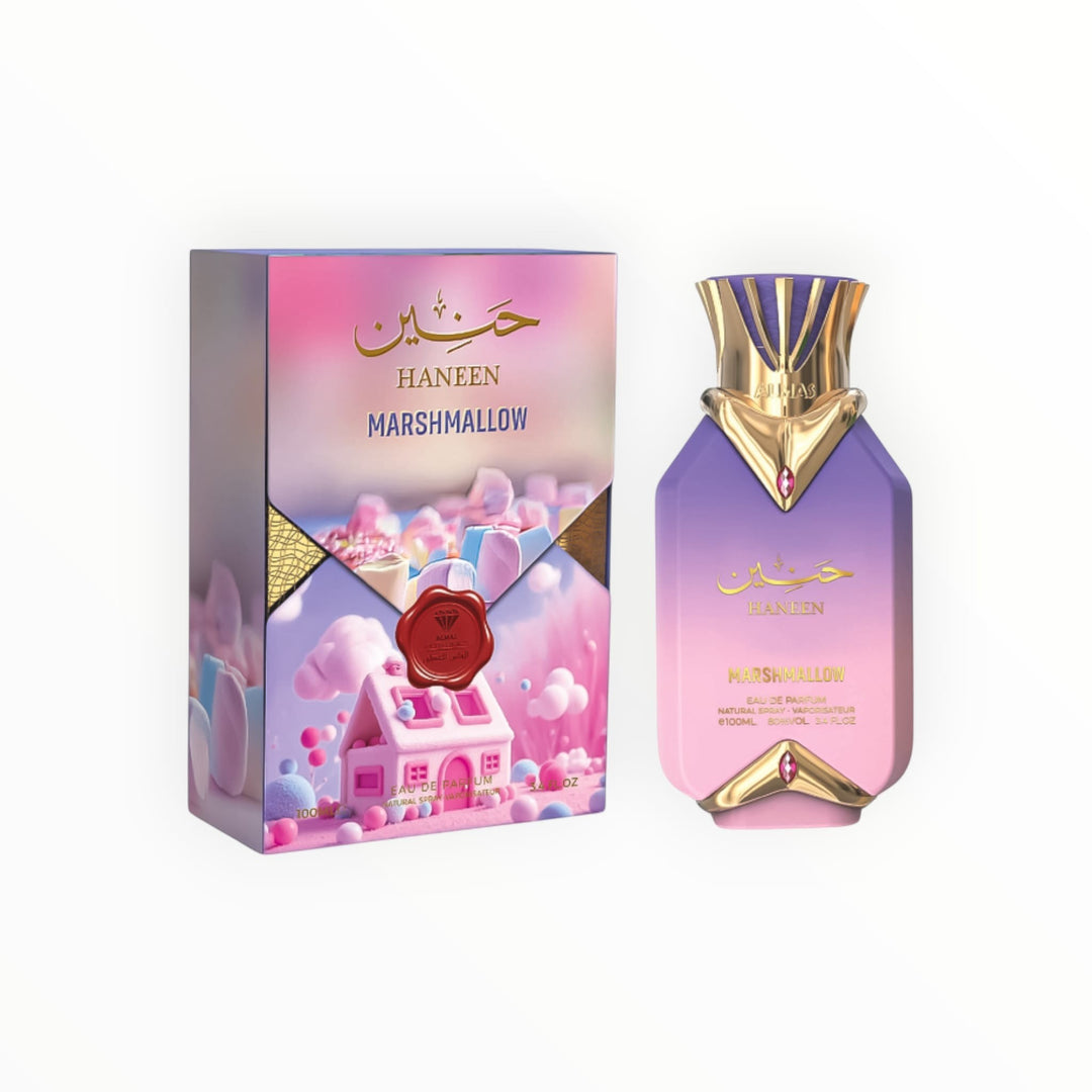 Rimaal Haneen Marshmallow Eau de Parfum Flakon mit Verpackung in lila-rosa Farbverlauf und goldenen Details