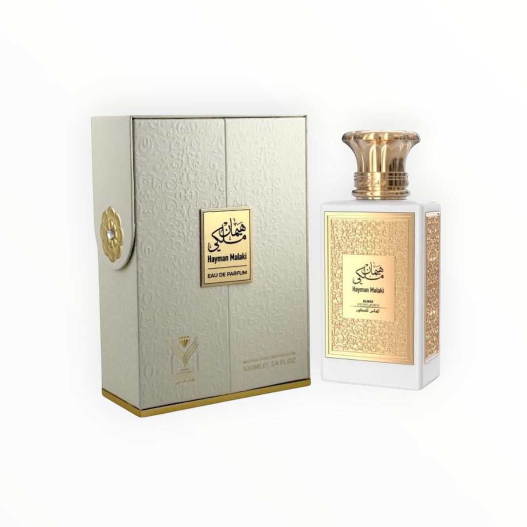Rimaal Hayman Malaki Eau de Parfum in weißem Flakon mit goldenen Verzierungen und passender luxuriöser Geschenkbox