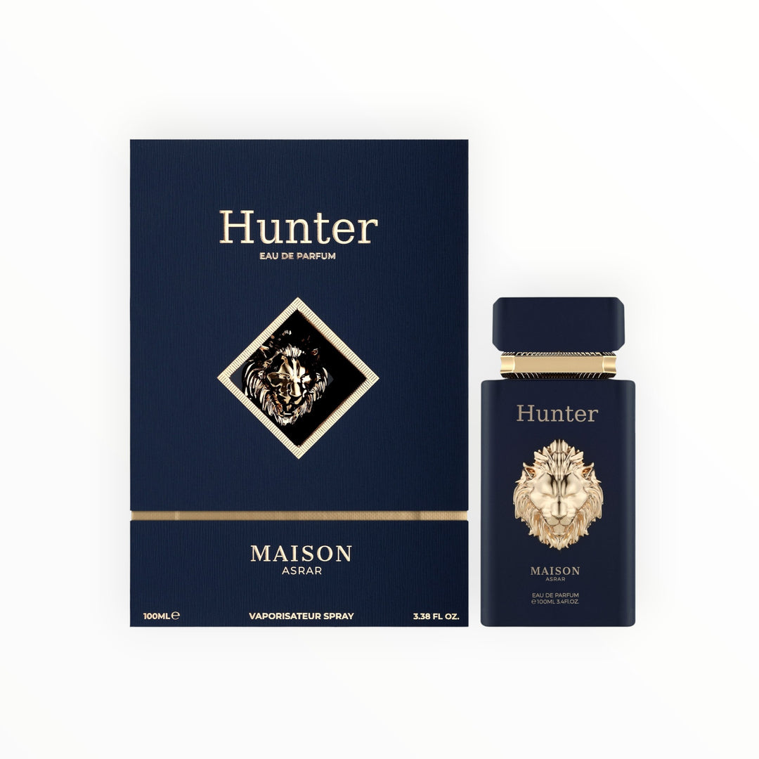 Rimaal Hunter Maison Asrar Eau de Parfum 100 ml Unisex-Duft in dunkelblauem Flakon mit goldenem Löwen-Emblem