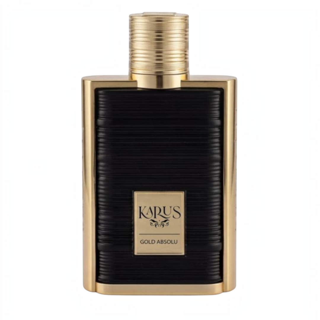 Rimaal Khadlaj Karus Gold Absolu Parfümflasche in Schwarz und Gold mit gerippter Textur und elegantem Verschluss