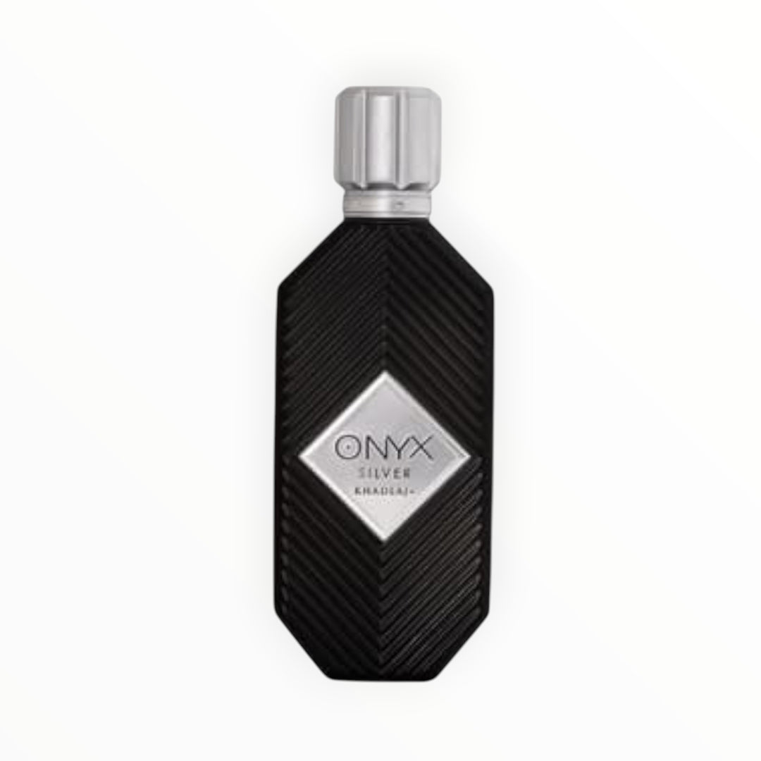Rimaal Khadlaj Onyx Silver 100ml Eau de Parfum in a black textured bottle with a silver cap.