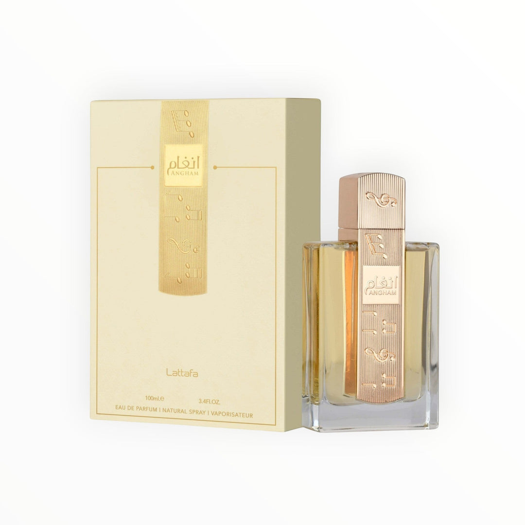 Lattafa Angham Eau de Parfum 100ml bei Rimaal in eleganter beiger Verpackung mit goldener Flakon-Verzierung.