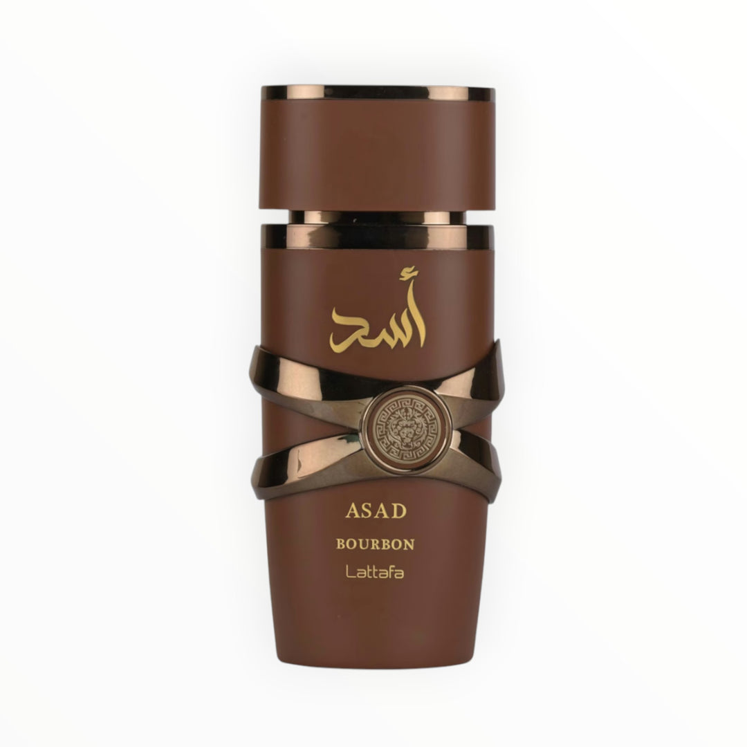 Rimaal Lattafa Asad Bourbon Eau de Parfum in einer eleganten braunen 100ml Flasche mit goldenen Akzenten