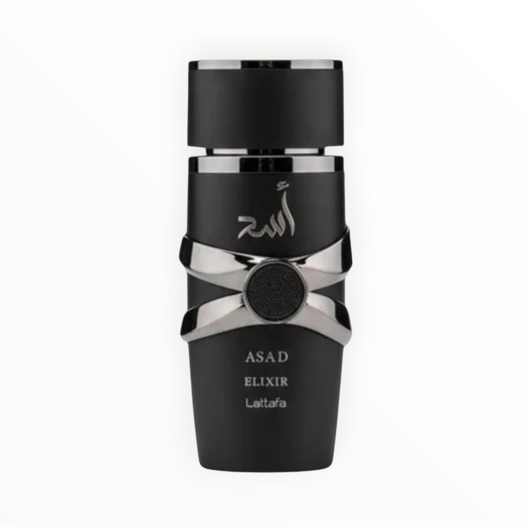 Rimaal Lattafa Asad Elixir Eau de Parfum in einer eleganten schwarzen Flasche mit silbernen Akzenten
