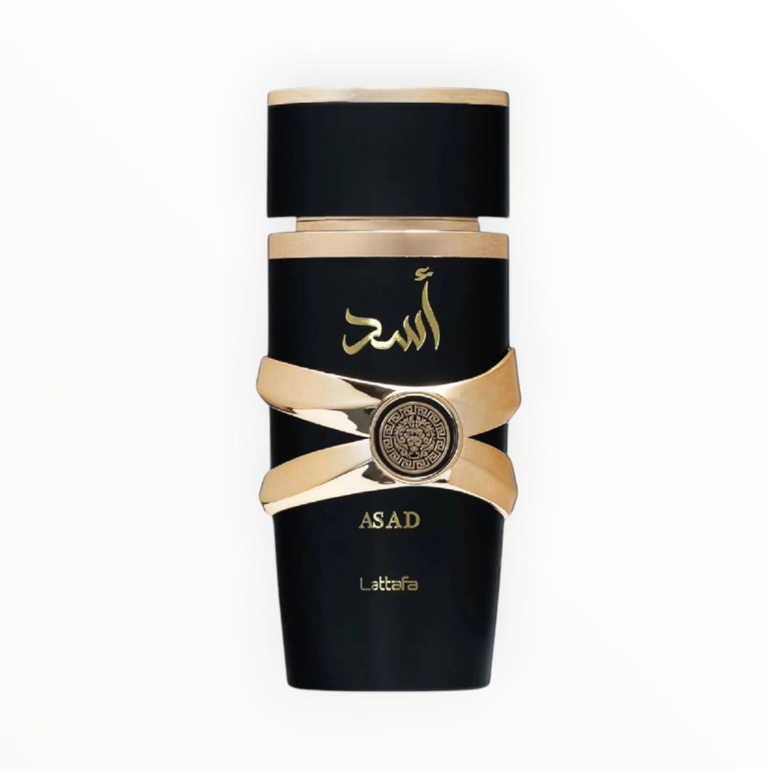 Rimaal Lattafa Asad Eau de Parfum Flakon in Schwarz und Gold mit orientalischem Design und 100ml Inhalt.