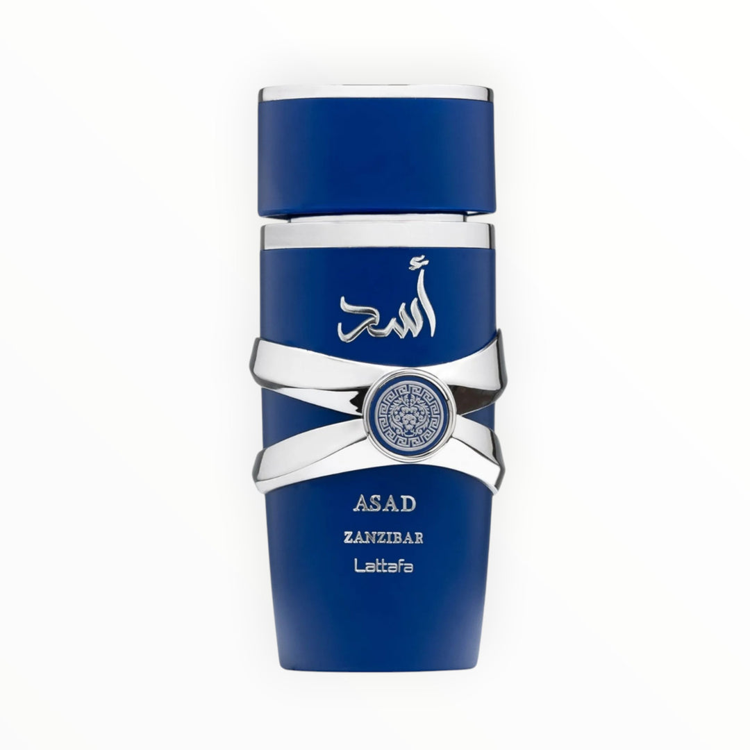 Rimaal Lattafa Asad Zanzibar Eau de Parfum in einem eleganten blauen Flakon mit silbernen Akzenten und arabischer Schrift.