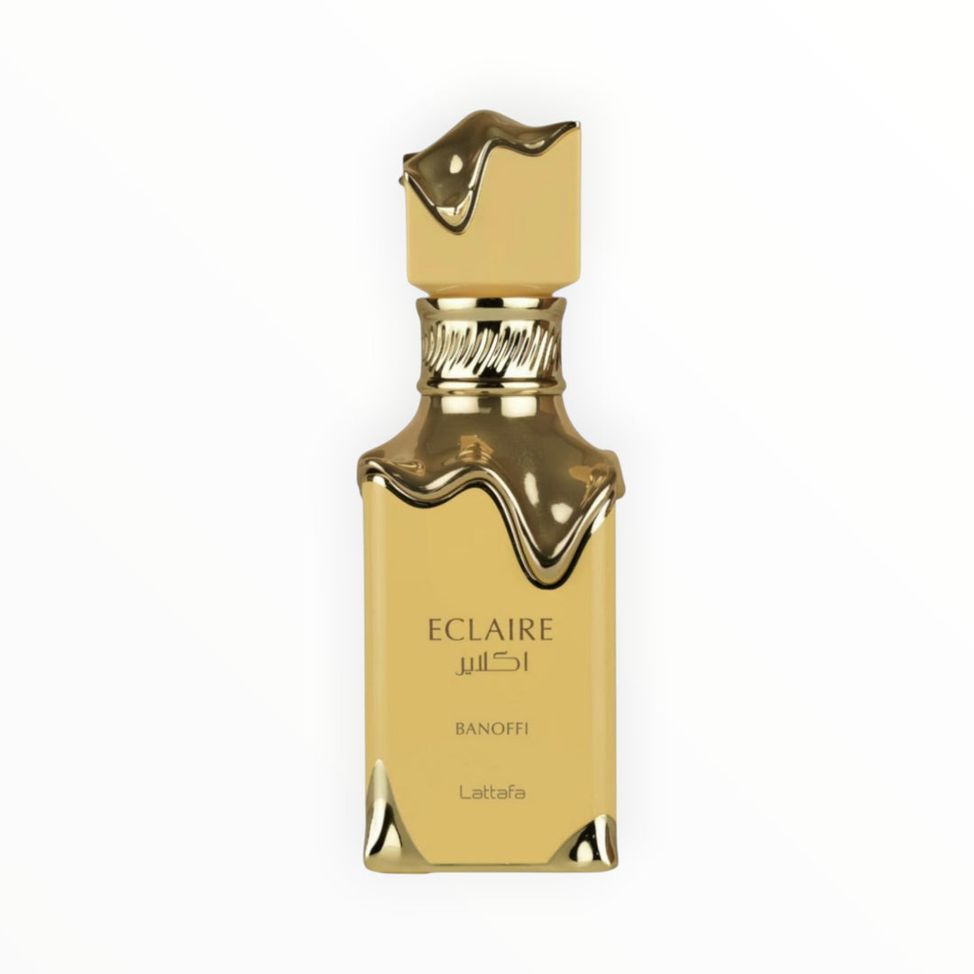 Rimaal Lattafa Eclaire Banoffi Gourmand-Parfum im eleganten goldfarbenen 100ml Flakon mit schmelzendem Design