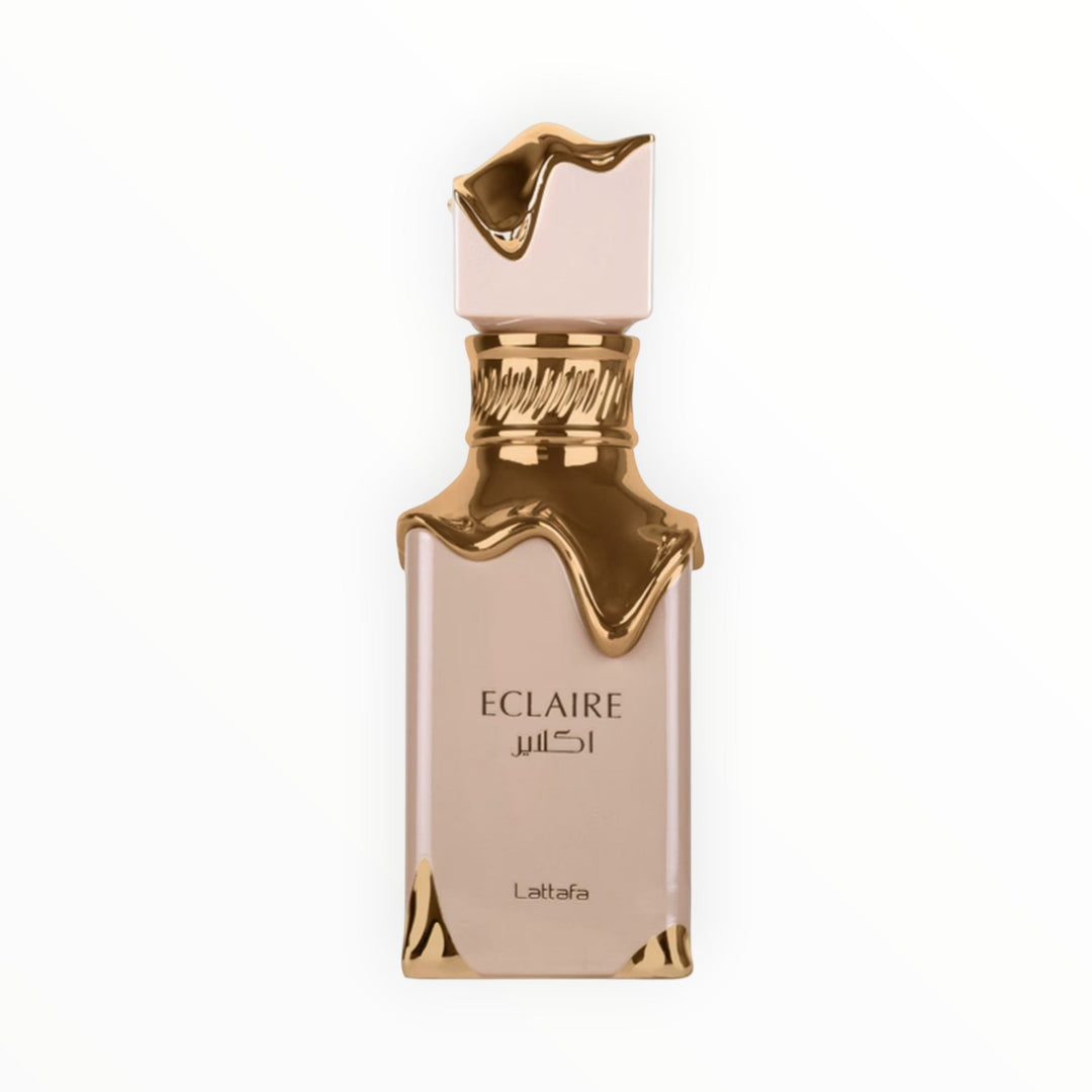 Lattafa Eclaire Eau de Parfum Flakon in Beige mit goldenen, schmelzenden Akzenten, exklusiv bei Rimaal erhältlich.