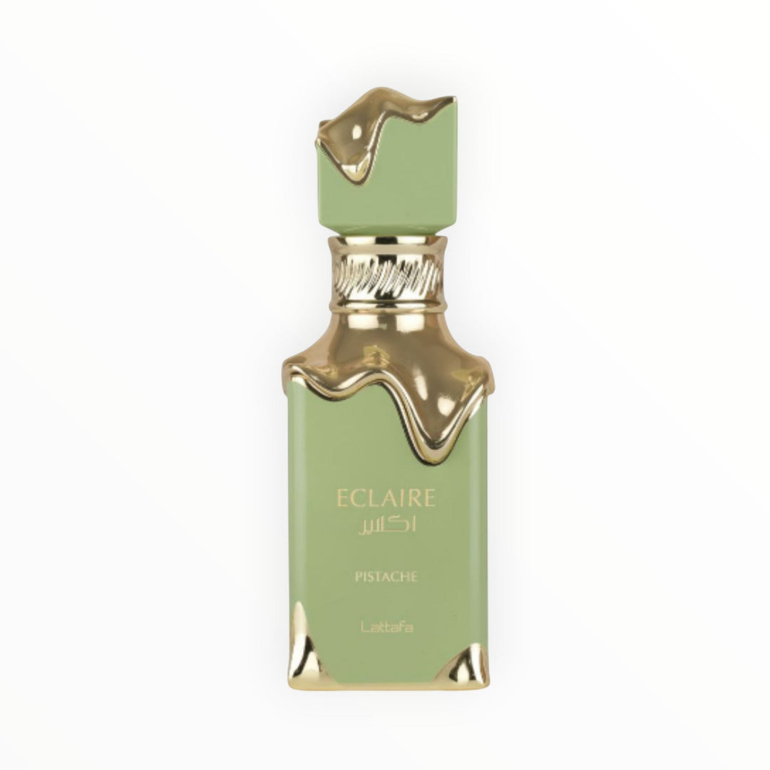Rimaal Lattafa Eclaire Pistache Parfumflakon in Pistaziengrün mit goldener, schmelzender Verzierung, 100ml.
