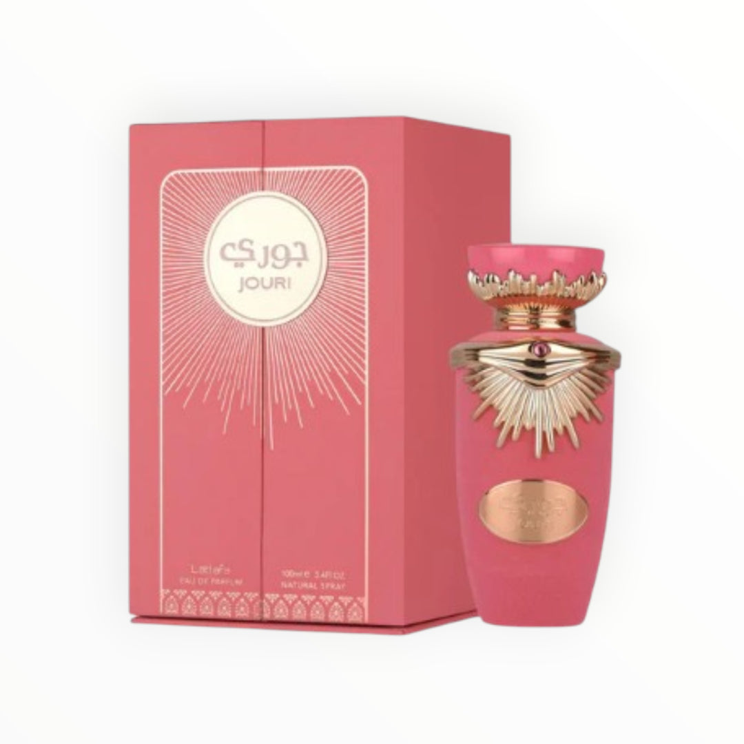 Rimaal Lattafa Jouri Eau de Parfum in pink Flakon mit goldener Verzierung und passender Geschenkbox, 100 ml