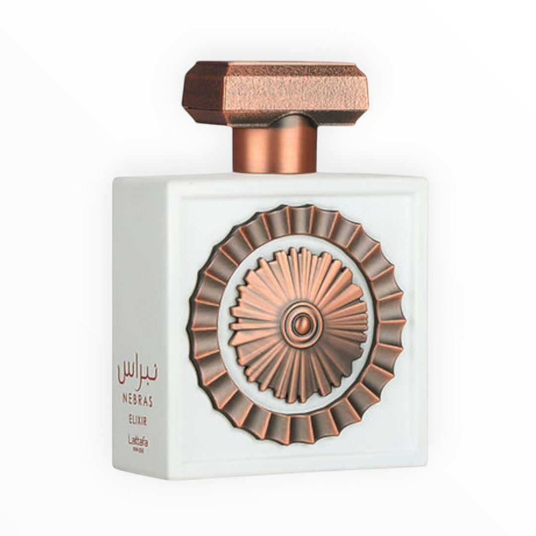 Rimaal Lattafa Nebras Elixir Parfum in einem weißen quadratischen Flakon mit kupferfarbenem Verschluss und Emblem.