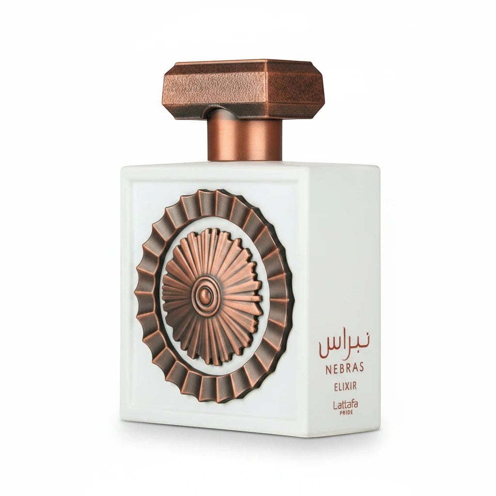Rimaal Lattafa Nebras Elixir Parfum in weißem Flakon mit kupferfarbenem Ornament und Verschlusskappe