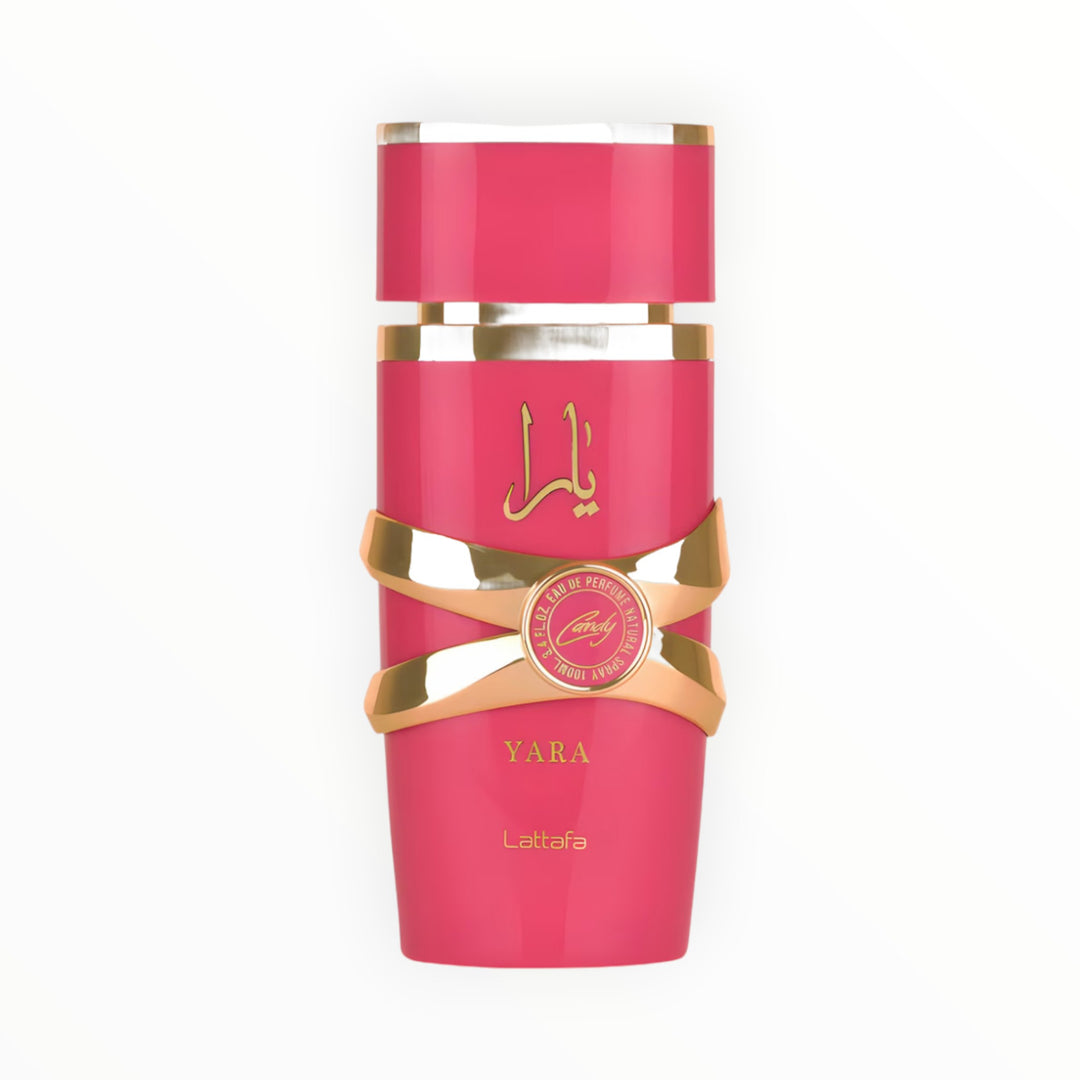 Rimaal Lattafa Yara Candy Eau de Parfum in einem leuchtend pinken 100ml Flakon mit goldenen Akzenten