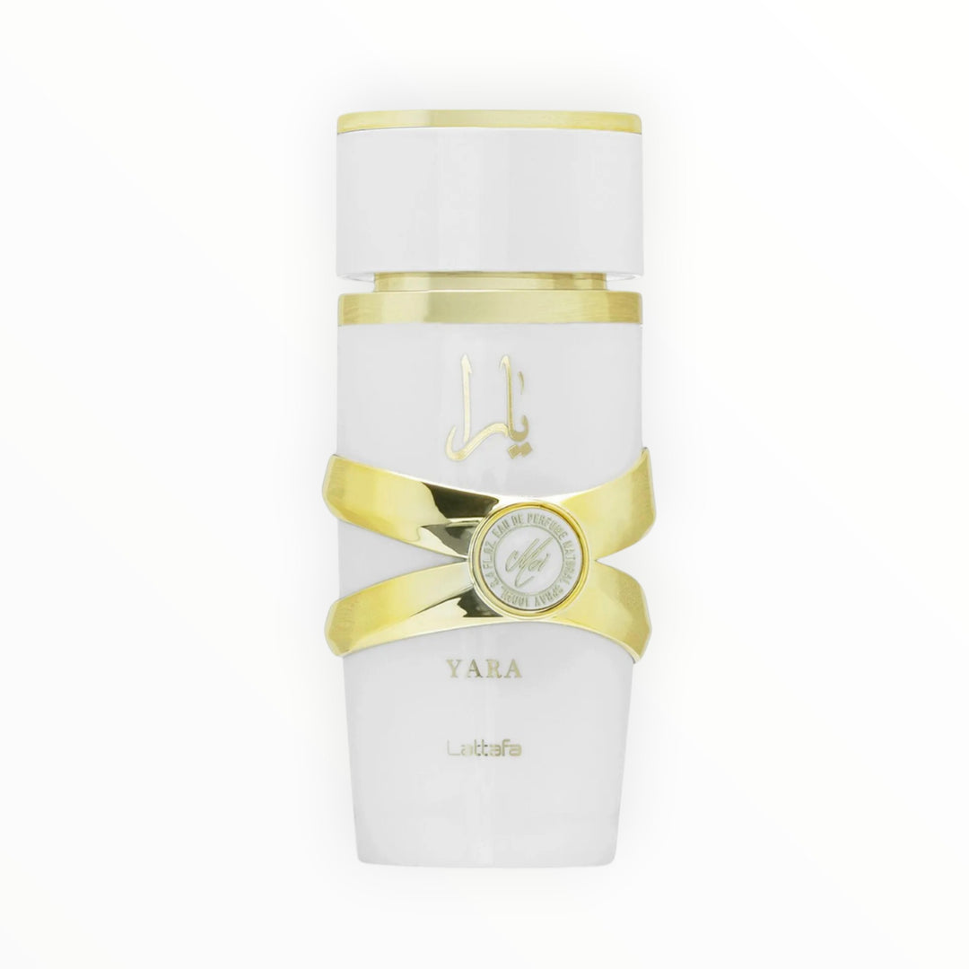 Rimaal Lattafa Yara Moi Eau de Parfum in einem eleganten weißen Flakon mit goldenen Akzenten und 100 ml Inhalt.