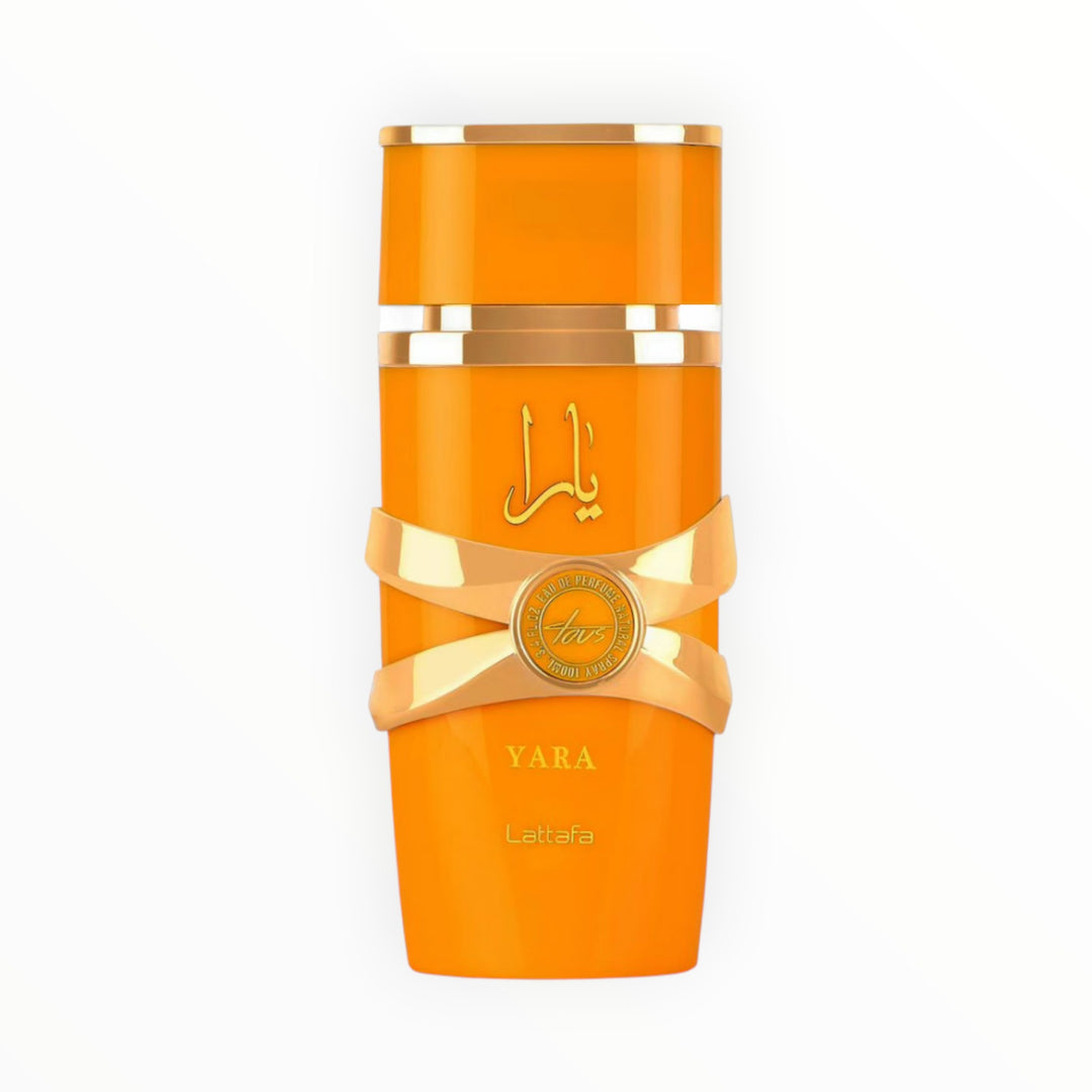 Rimaal Lattafa Yara Tous Eau de Parfum in einem leuchtend orangefarbenen 100ml Flakon mit goldenen Akzenten.