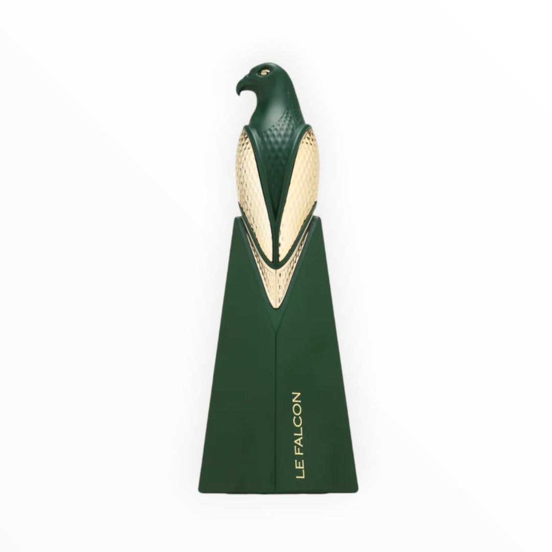 Rimaal Le Falcon extrait de parfum in a sculptural forest green falcon-shaped bottle with gold wing accents