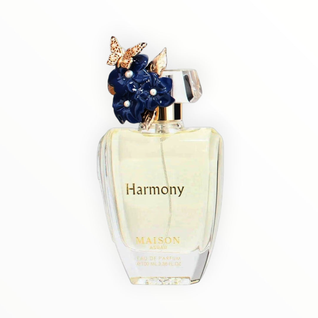 Maison Asrar Harmony Eau de Parfum 100ml von Rimaal mit blauem Blumen- und Schmetterlingsverschluss