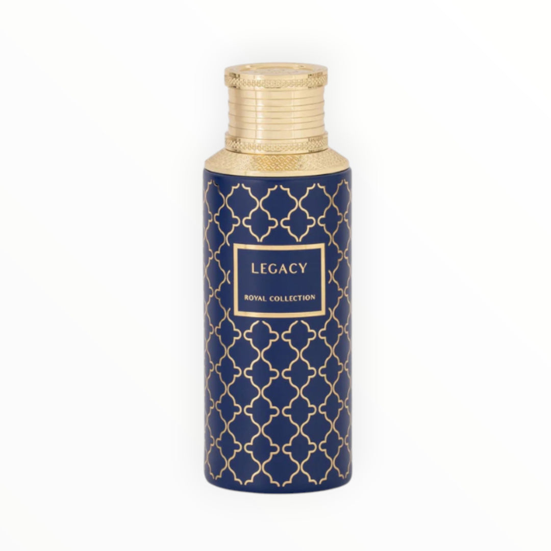 Maison Asrar Legacy Parfum von Rimaal in einem dunkelblauen Flakon mit goldenem Muster und Verschluss