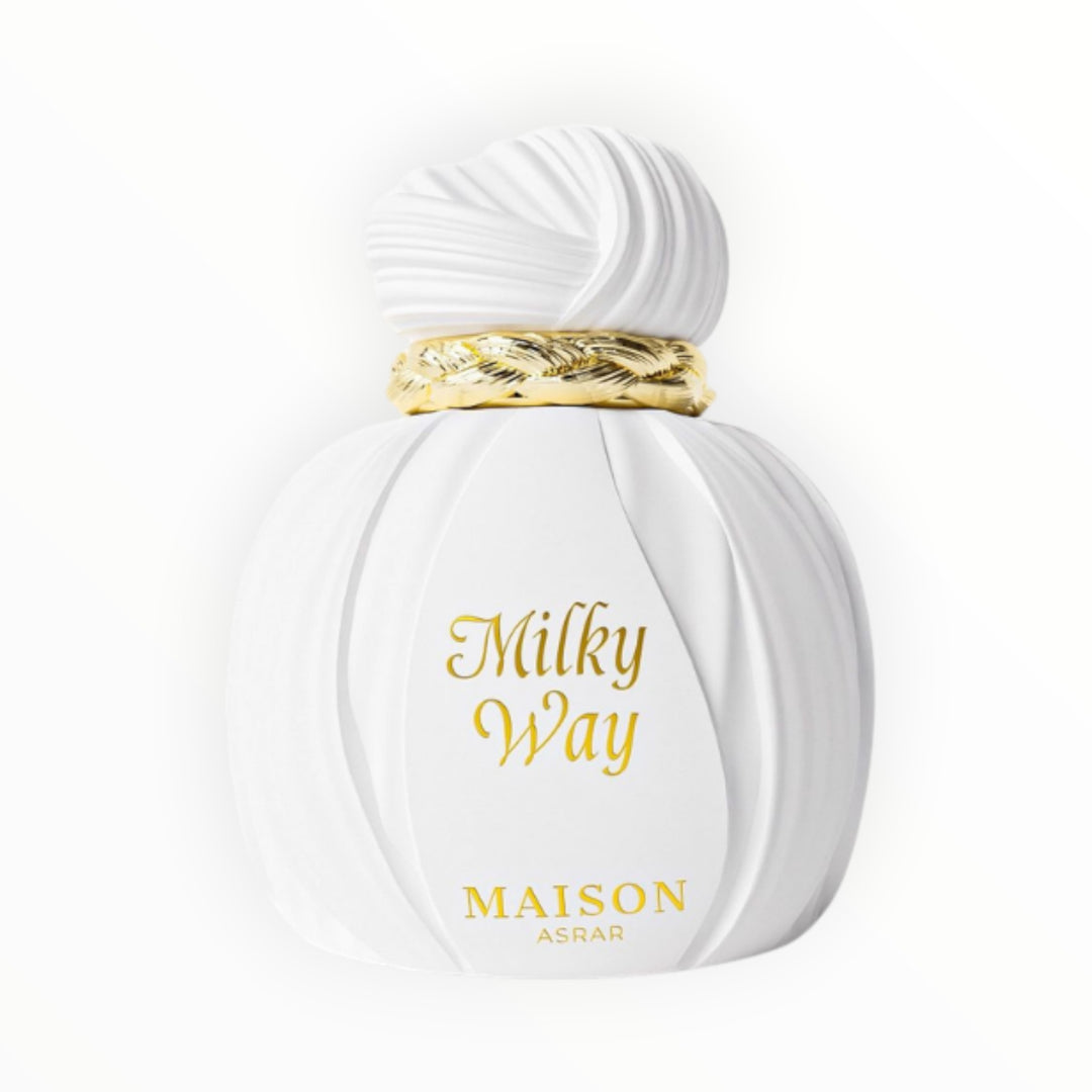 Rimaal Maison Asrar Milky Way Parfumflakon in Weiß mit goldenem Verschluss und elegantem, strukturiertem Design.