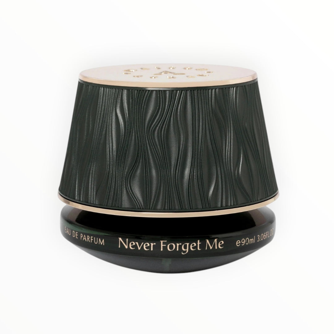 Maison Asrar Never Forget Me Eau de Parfum 90ml von Rimaal in einem eleganten, dunkelgrünen Flakon mit Wellenmuster.