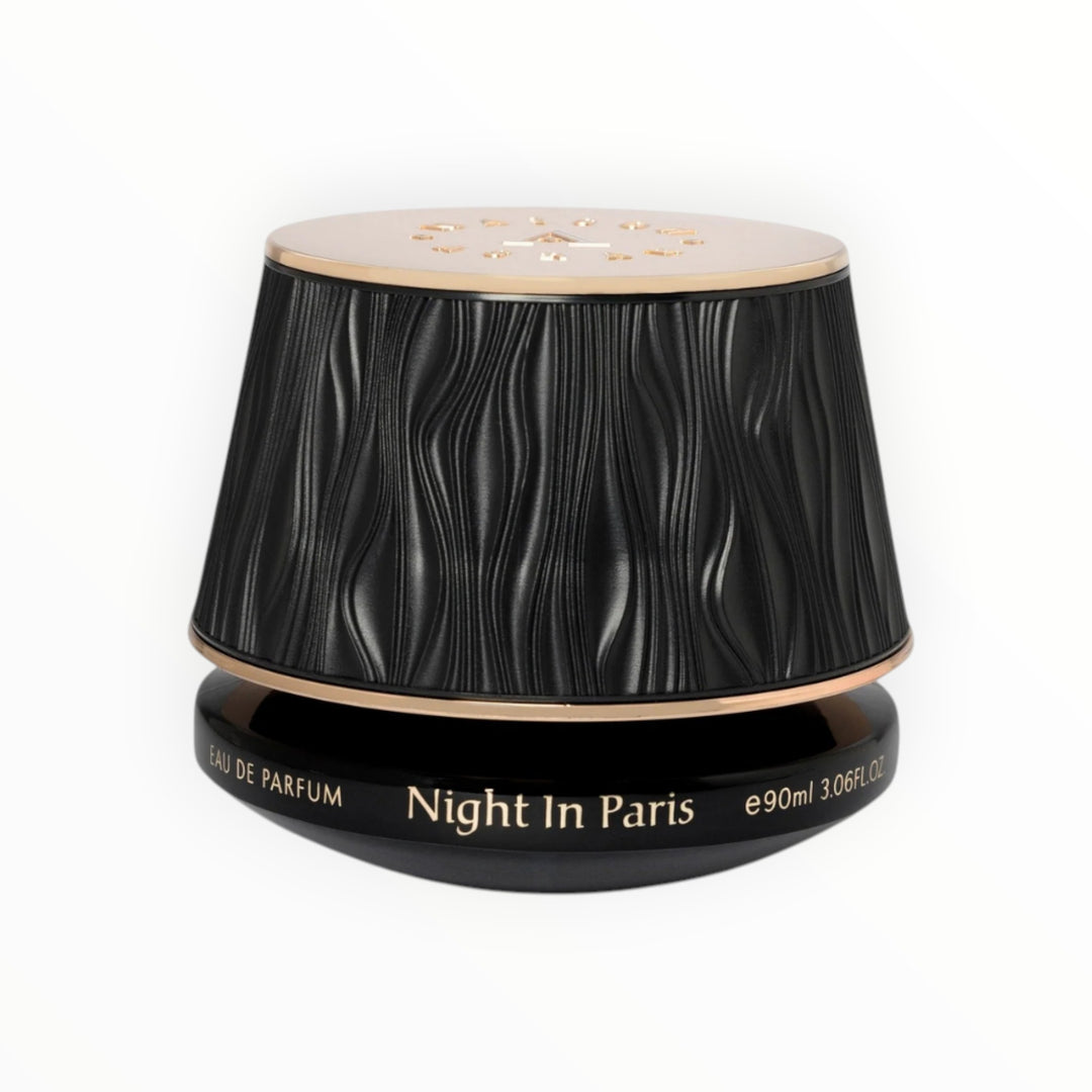 Rimaal Maison Asrar Night in Paris Eau de Parfum 90ml in einem eleganten schwarzen Flakon mit goldener Kappe