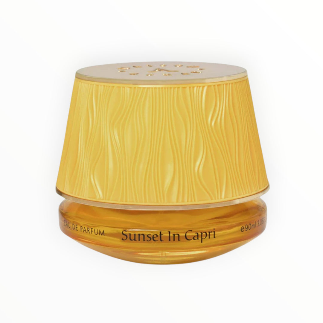 Rimaal Maison Asrar Sunset in Capri Eau de Parfum Flakon in Gelb mit wellenförmigem Deckel und 90ml Inhalt