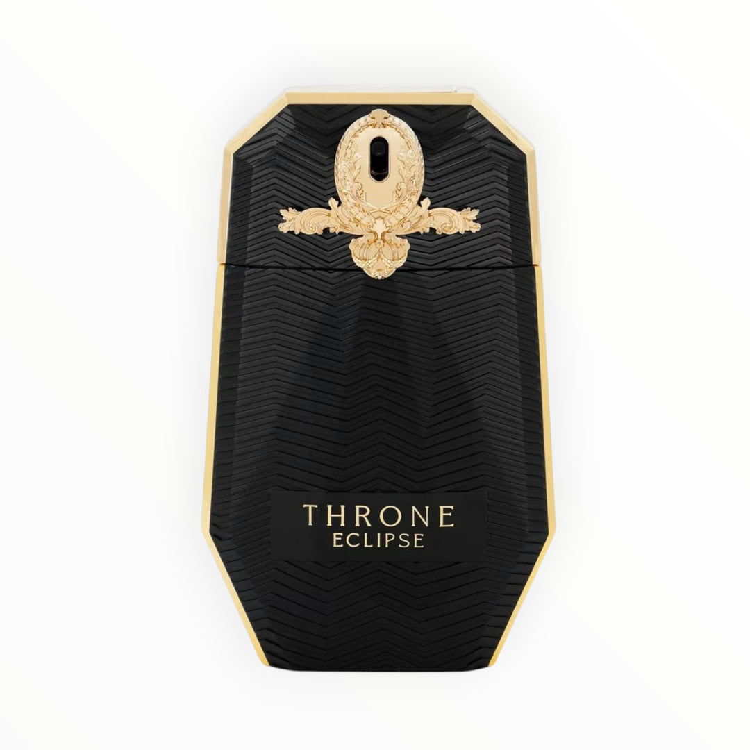 Maison Asrar Throne Eclipse Parfum von Rimaal in einem eleganten schwarzen Flakon mit goldenen Verzierungen.