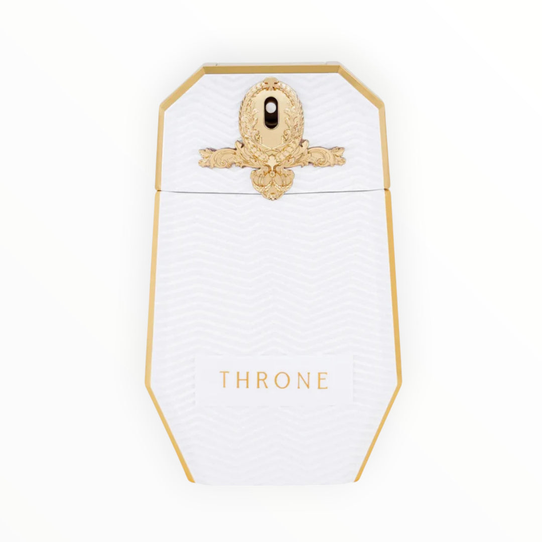 Maison Asrar Throne 100ml Parfümflakon in Weiß und Gold mit elegantem Relief-Design bei Rimaal